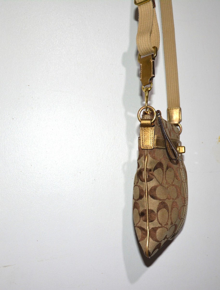 COACH 40688 KHAKI SIGNATURE GOLD LEATHER BAG POCKETS