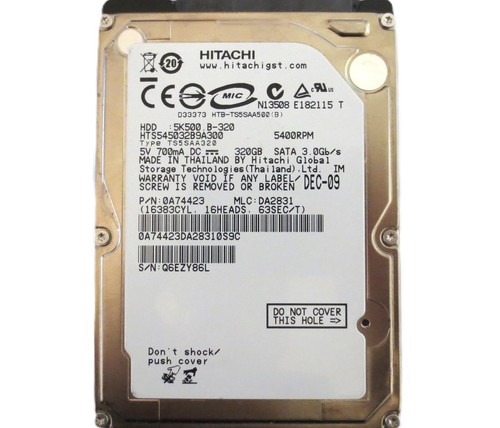 Hitachi HTS545032B9A300 0A74423 DA2831 Thailand 320gb 2.5" Sata HDD DEC-09 - Picture 2 of 3