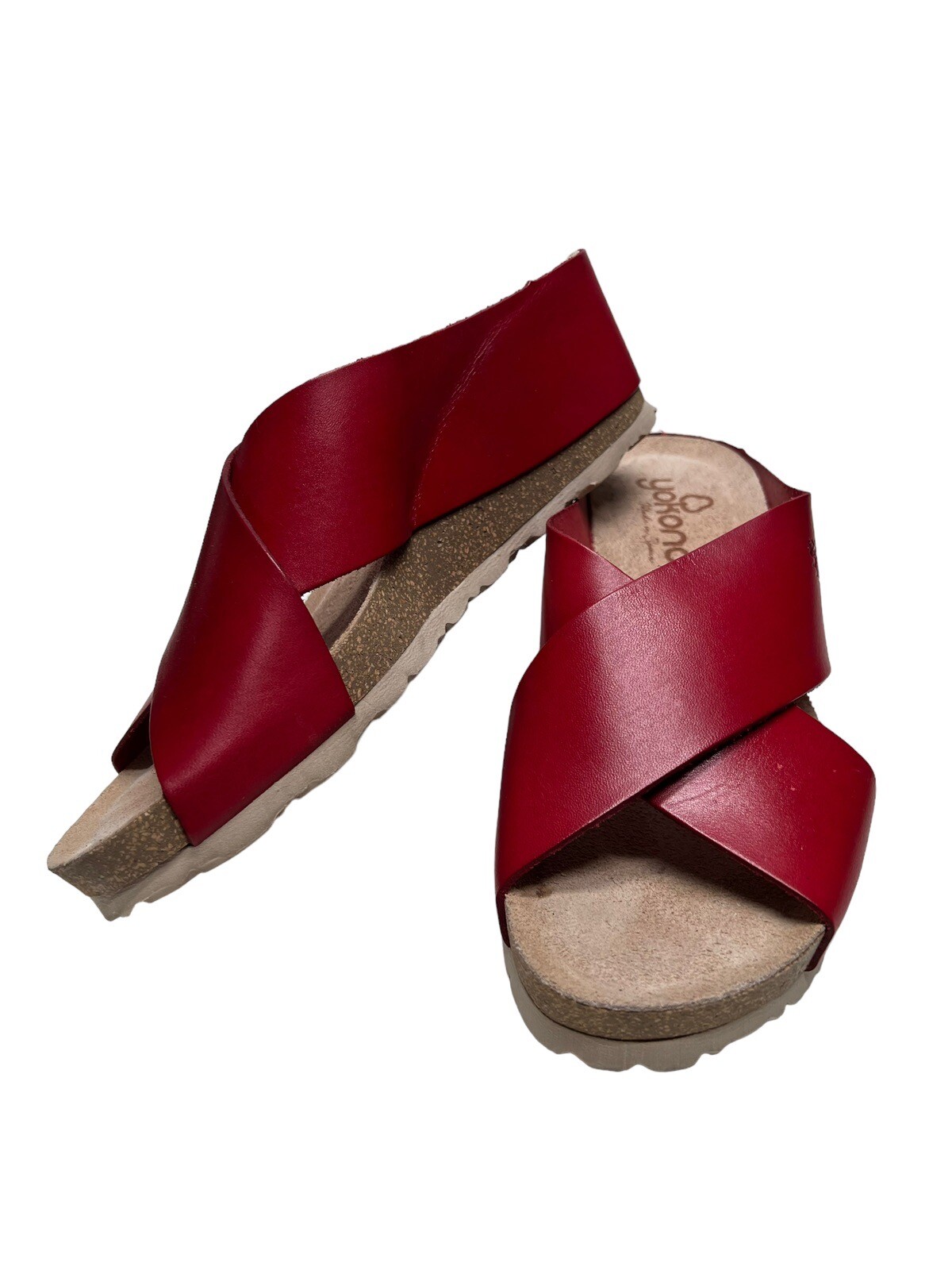 Yokono Womens Red Leather Cross Strap Wedge Sandals Shoes Size8 Made in
