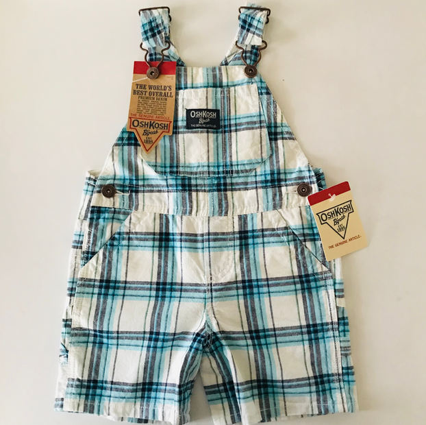 Oshkosh B'gosh 12 Months Plaid Shortalls Baby Boy Overalls Blue White