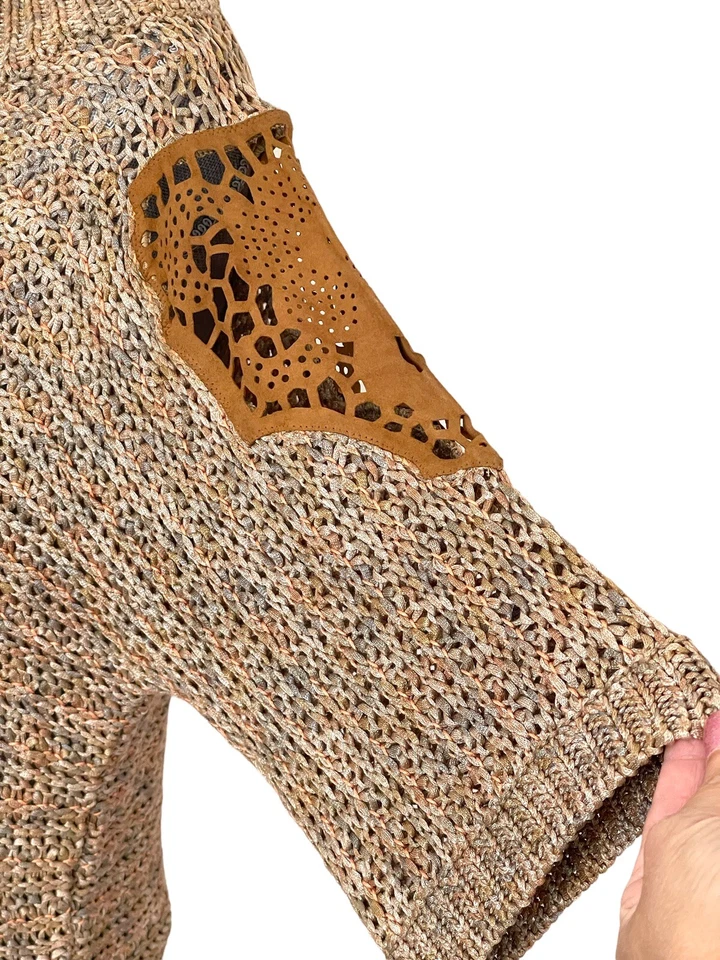 Suéter de Hombro Vintage Nina Ricci Punto Abierto Manga Corta Cuero Borde, Talla 2 Foto 3 de 4