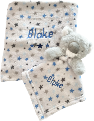 New baby boy gift set, embroidered personalised blanket and comforter set