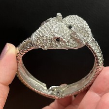 Elephant Head Hinged Bangle Bracelet Silver Tone Clear Rhinestones w/ Black Eyes