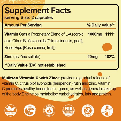 120 Cápsulas Vitamina C y Zinc Cápsulas 1000mg Complejo Suplemento Vegetariano - Imagen 4 de 11