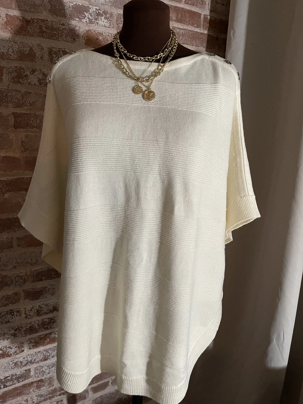TALBOTS Ivory Knit Poncho Style Sweater 3/4 Sleeve Women’s Size Small Lambswool