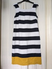 Sz 10-12? M&S Woman Navy/ Ochre Mix Stripe Knee Length S/Less Dress Great Cond