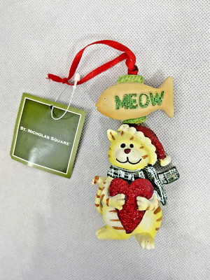 NWT Vintage Cat Holding Red Sparkly Heart + MEOW Fish St Nick Sq Christmas Tree