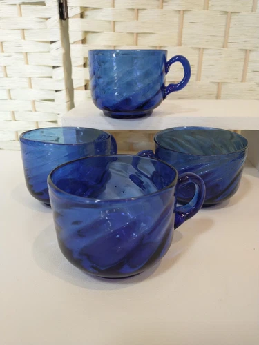 Arcoroc Cobalt Blue Swirl Glass Coffee Cups Set 4 2032 St