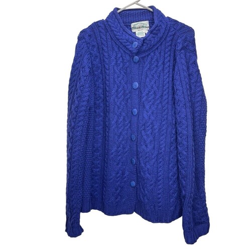 Aran Crafts Blue Merino Wool Button Front Cardigan Sweater Size LARGE