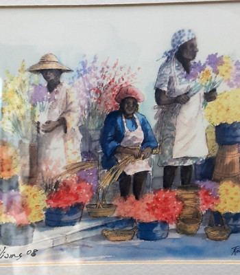 Beautiful Signed Ronald Williams Watercolor of Three Woman selling Flowers