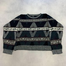 Vintage Abstract Knitted Jumper Patterned Grandad Knit Sweater Men's M