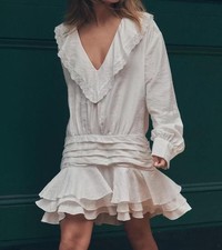 ZARA White Cotton Embroidered Ruffle V Neck Short Dress Flounced Hem Size M