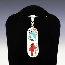 NATIVE AMERICAN ZUNI BLUE JAY & CARDINAL PENDANT BY QUINTIN QUAM