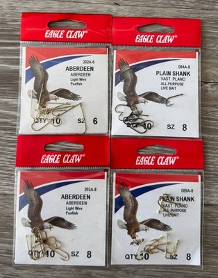 Eagle Claw Fishing Hooks Lot 4 Packs Aberdeen & Plain Shank Size 6 & 8
