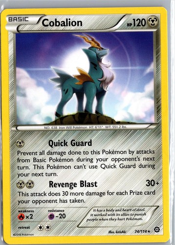 Cobalion 74/114 Rare Pokémon Steam Siege with gold border, blue quadruped artwork, and moves Quick Guard and Revenge Blast.