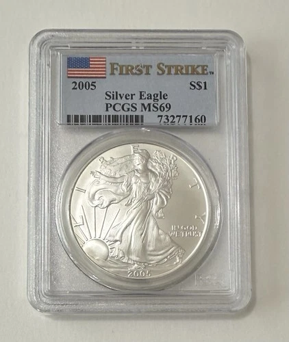 2005 PCGS MS69 American Silver Eagle $1 - First Strike Flag Label (A)