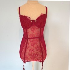 Victorias Secret Red Lace Corset Garter Lingerie 36C Lace Mesh Sheer