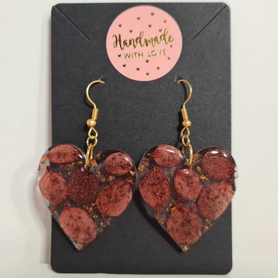handgefertigte Valentinstag echte Blütenblätter mit Goldflocken Herz Gold Haken Ohrringe