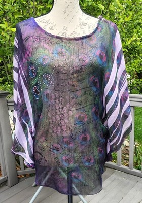 Lavish Womens Sheer Peacock Print Embellished Boho Top Large Butterfly Sleeve