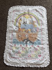 Vintage Cross Stitch Hand Embroidered Baby Quilt Crib Noahs Ark 43x29 See Pics