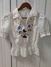 Small Cotton Hungarian Peasant Folk Top Blouse Vintage Antique Embroidered