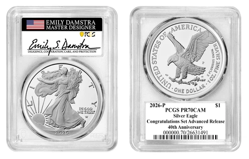 2026-P PROOF SILVER EAGLE PCGS PR70 DCAM CONGRATULATIONS SET ADVANCE REL DAMSTRA