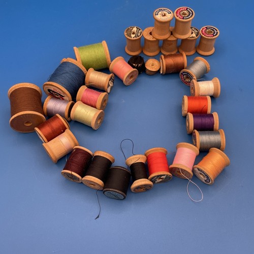 Vintage Wooden Sewing Silk Cotton Poly Thread Spools Pins Needles 40+ Spools - Picture 17 of 19