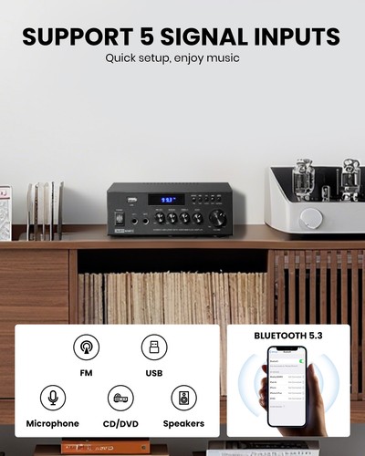 Moukey MAMP3 300W Audio Power Amplifier 2 Channel Amp Stereo Receiver Bluetooth - Afbeelding 2 van 8