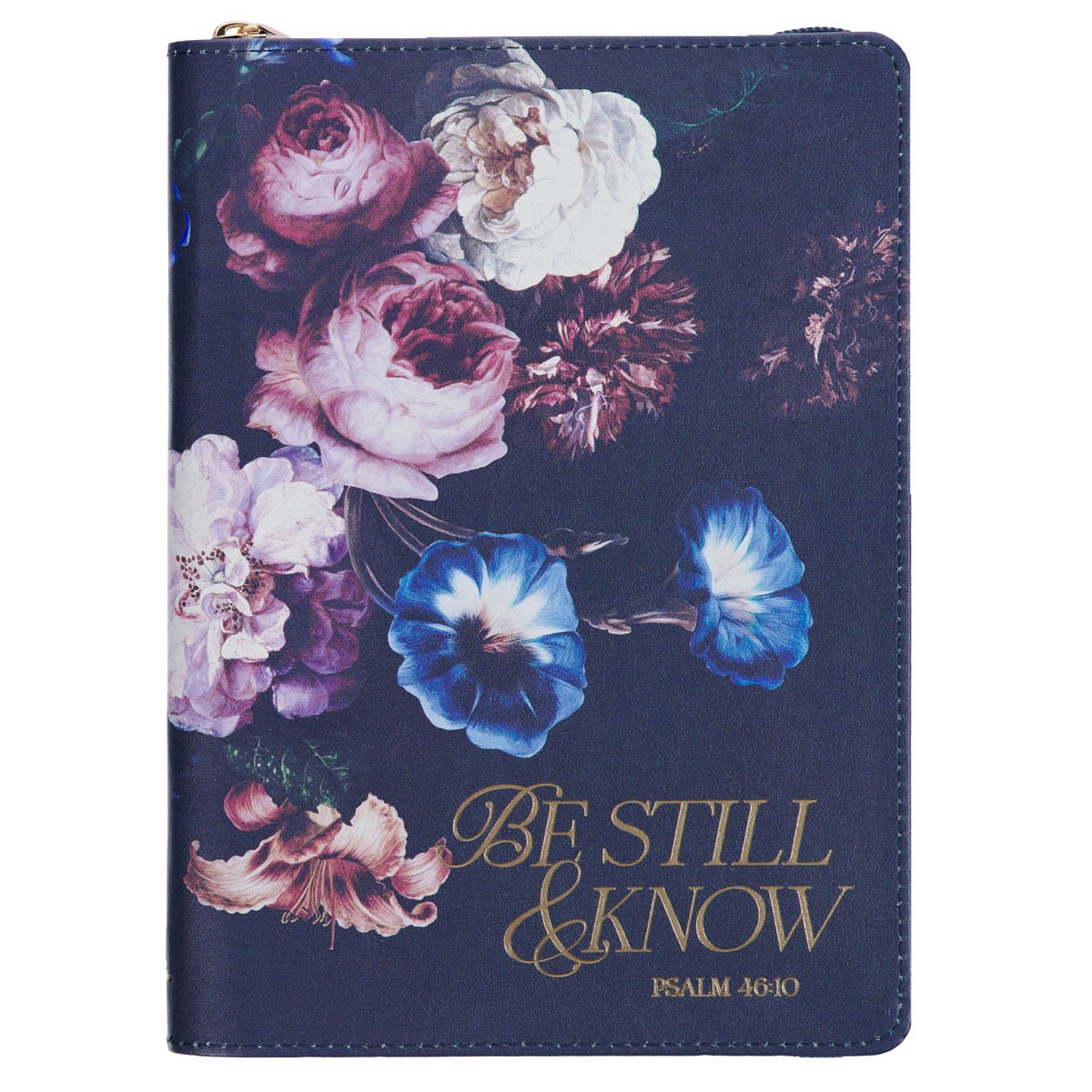 Christian Art Gifts Navy Vegan Leather Womens Journal with Be Still Scripture, 336 Ruled Pages, Ribbon Bookmark, Psalm 46:10