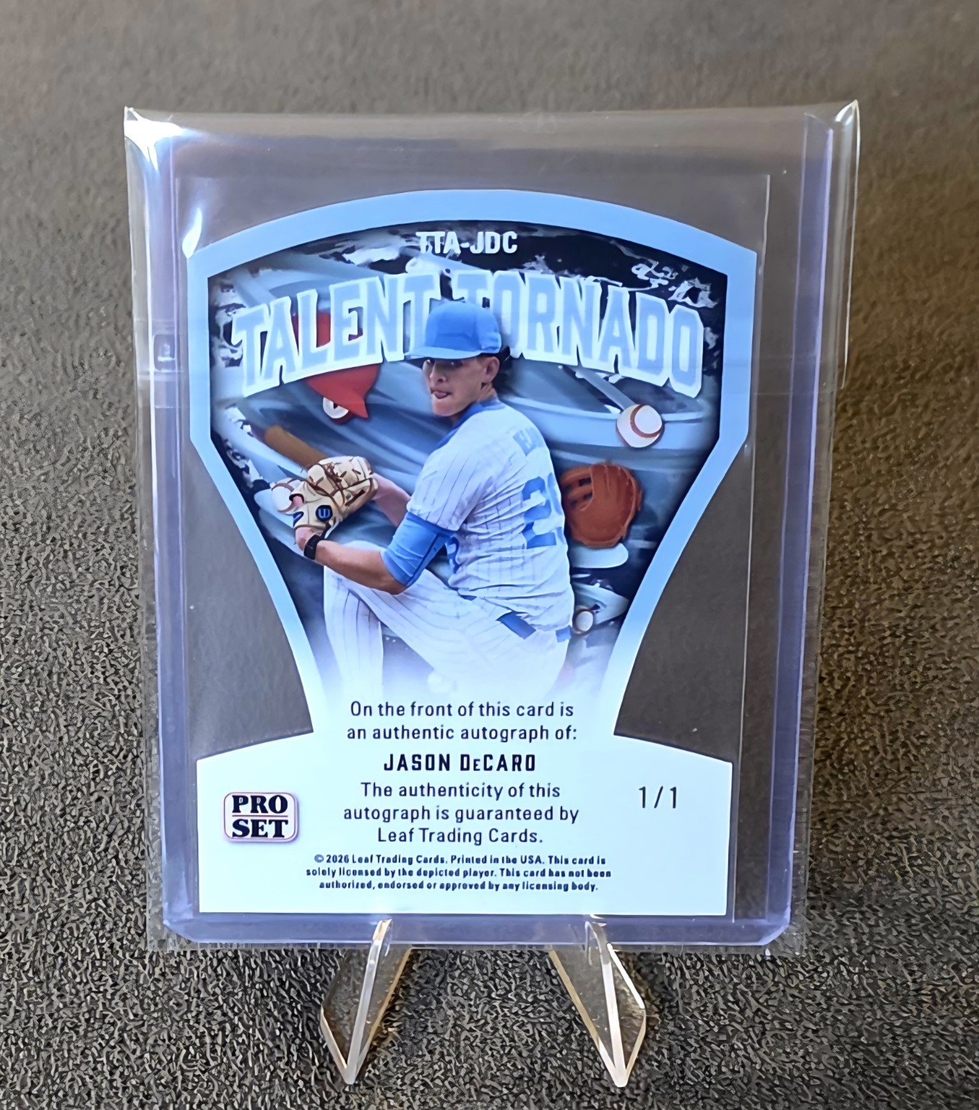 2026 Leaf Pro Set Talent Tornado Jason DeCaro TTA-JDC Purple Prizm Auto #d 1/1 view 3