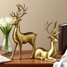 2x Reindeer Statues Deer Lover Sculptures Standing Sitting Figurine Collectable