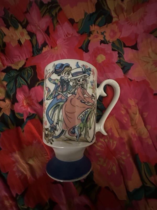 VTG Royal Crown Arnart Smug Mugs Bicycle for Two By Pia 2745 Pedestal Cup MINT