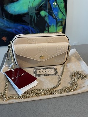 GUCCI ベージュ ゴールド バッグ Gucci Embossed Leather GG SUPER MINI SHOULDER BAG beige gold $1700