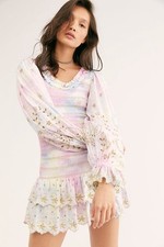 LoveShackFancy Women's Celia Tie & Dye Floral Printed Ruffle Short Mini Dress S