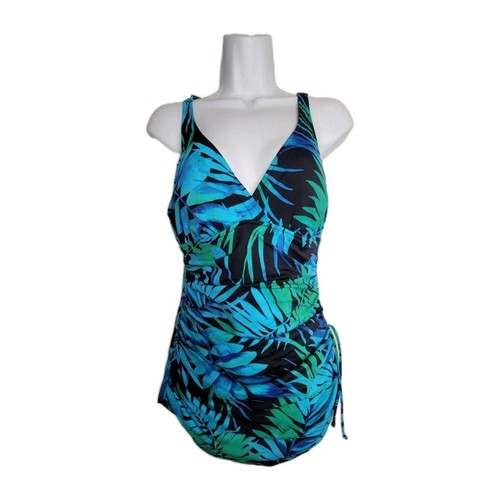 White Stag One Piece Swimsuit L 14-16 Blue Green Black Floral Tummy Control New