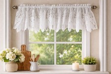 Vintage Lace Valance Curtains Set 2 White Floral Cottagecore 60 Inch Rod
