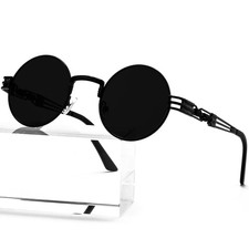 AIEYEZO Round Steampunk Sunglasses for Men Women Retro Circle MM, Black/Grey