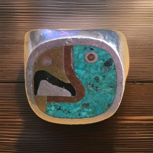 VINTAGE STERLING SILVER MIXED METAL CASTILLO Picaso ABSTRACT MASK DESIGN Ring