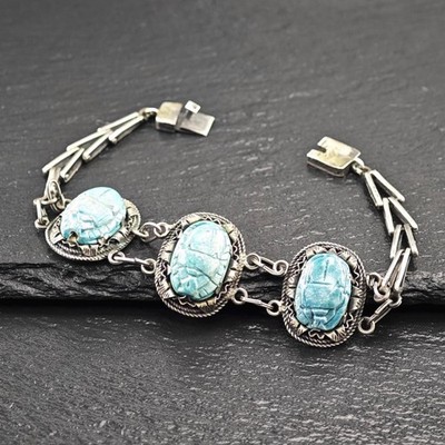 Archeological Egyptian Revival Scarab Sterling Silver Bracelet