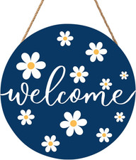 Spring White Daisy Flower Door Sign for Front Door Decor,Daisy Welcome Blue Wood