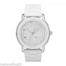 NEW-DKNY WHITE ACRYLIC BAND+SILVER TONE DIAL+PAVE CRYSTALS WATCH NY8606+TAG
