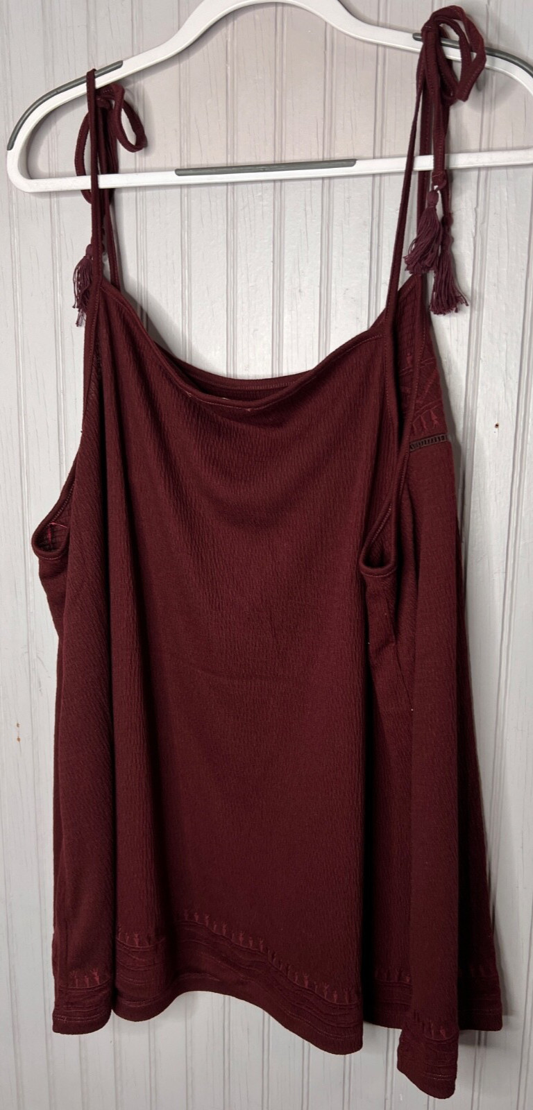 Indigo Threads Co Womens TOP 2X Boho Burgandy Red  Embroidered Tassled Cool