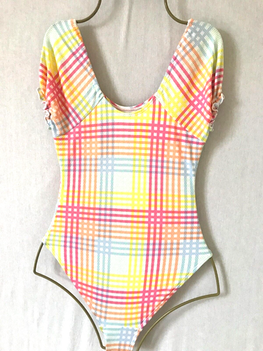 Girls Checked GEORGE Puff Sleeved Swimsuit Age 7-8 Years - Costume Textured - Picture 2 of 2