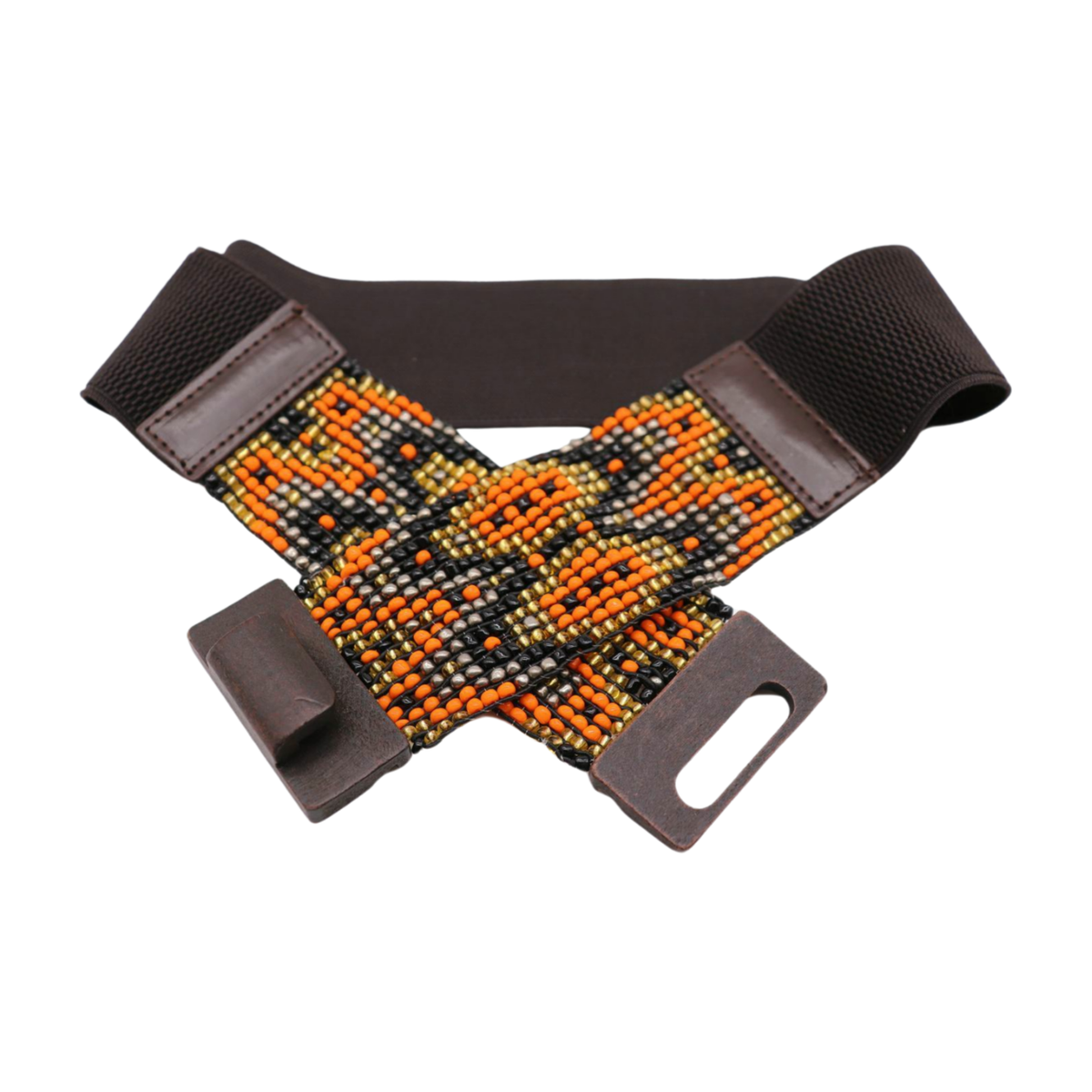 Women Brown Elastic Waistband Bohemian Belt Orange Gold  display picture 1