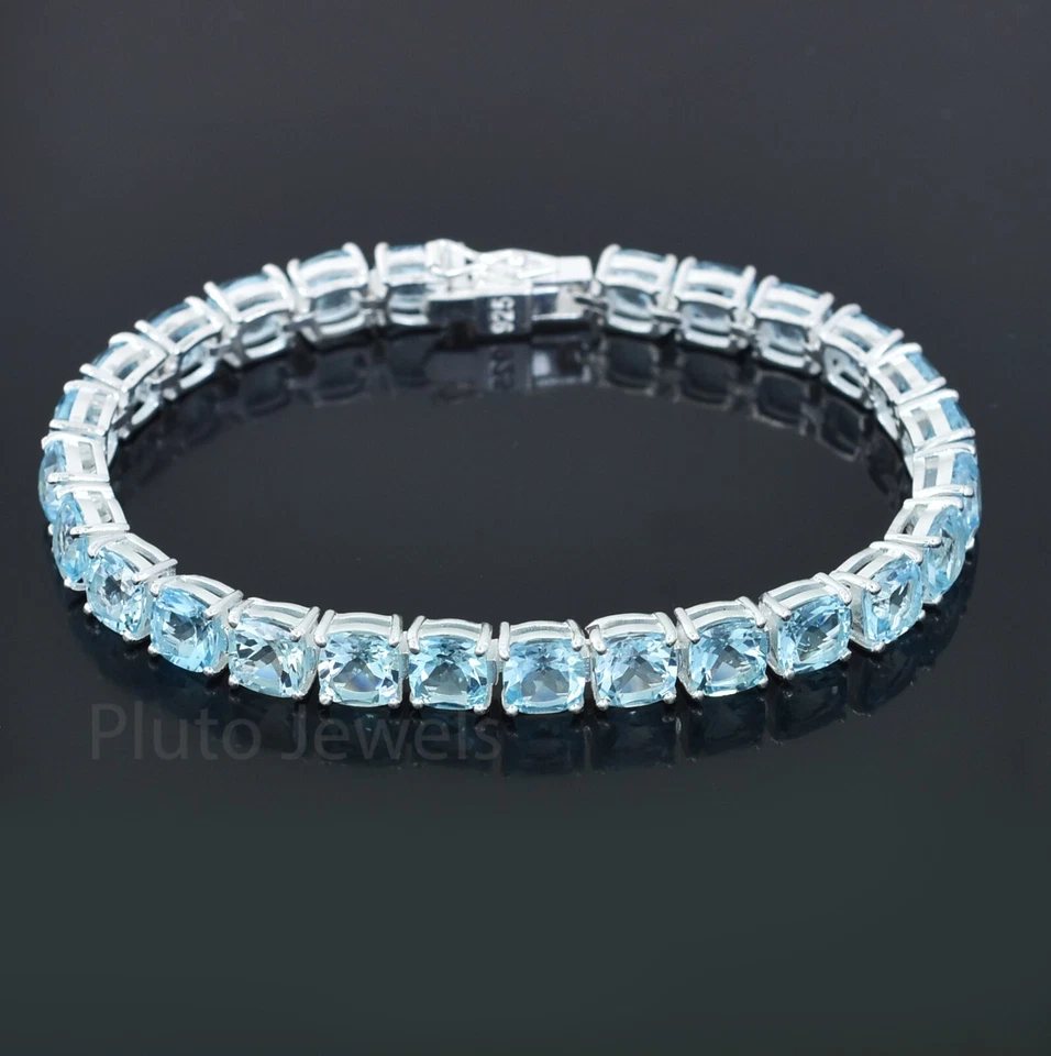 Теннисный браслет с натуральным голубым топазом и драгоценными камнями 6 мм, отличный блеск! - Изображение 2 из 4