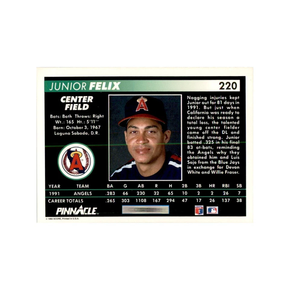 1992 Pinnacle Junior Felix Baseball Cards #220 - Image 2 of 3