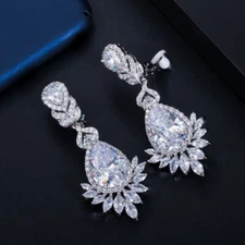 Women Luxury Silver Plated CZ Long Chandelier Drop Earrings Clip On No Piercing