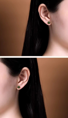 Natural Small Green Jade 7.5mm Stud Earrings 14k Yellow gold-Plate 925 Silver - Picture 3 of 4