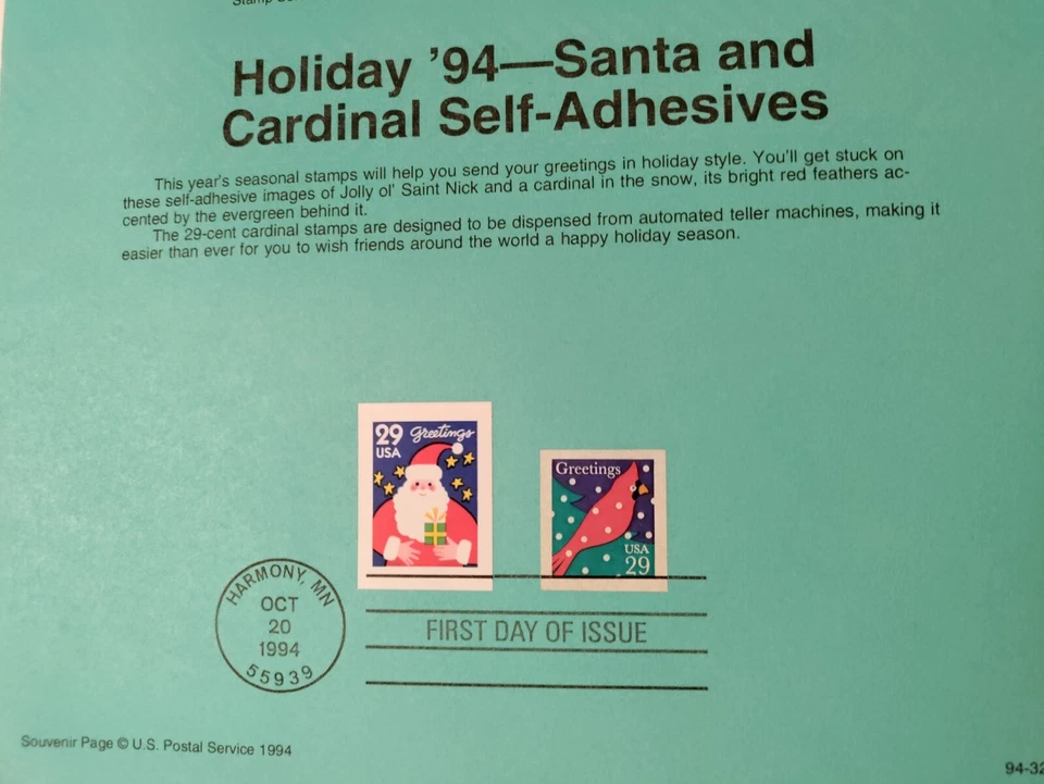 Holiday ' 94- Santa and Cardinal Self Adhesives Stamp Sheet MN 1994 Vintage - Image 2 of 4