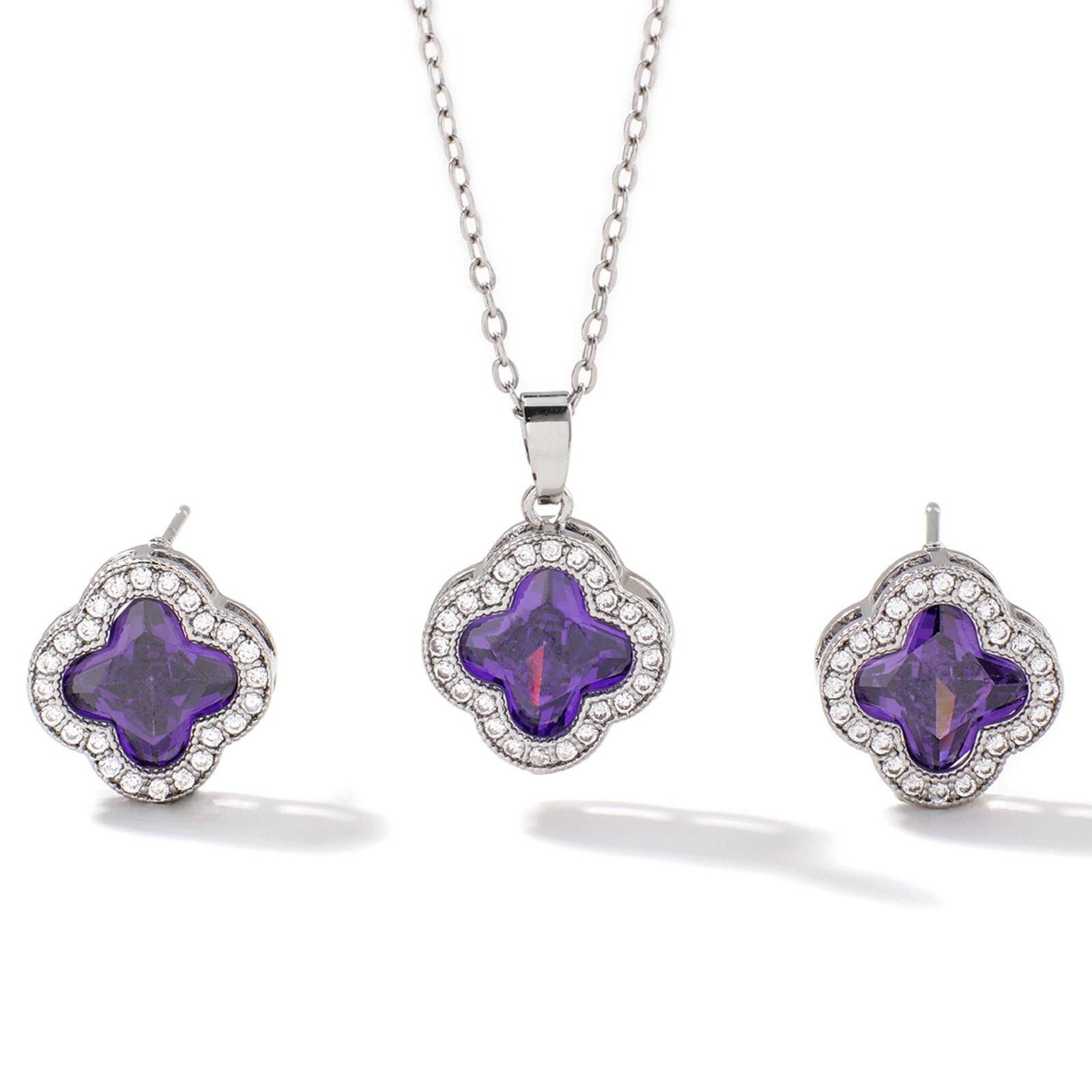 Sparkling CZ Pavé Halo Purple 4-Leaf Clover Earrings and Necklace Set